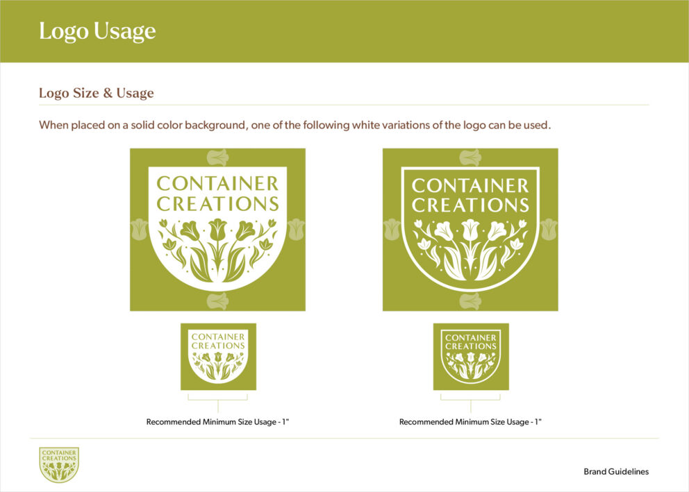 Container Creations logo size and usage guidelines.