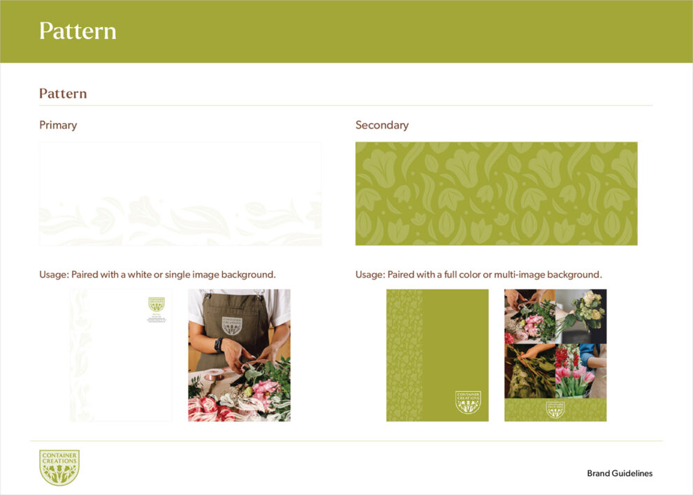 Container Creations patterns including primary, secondary, and image pairings.